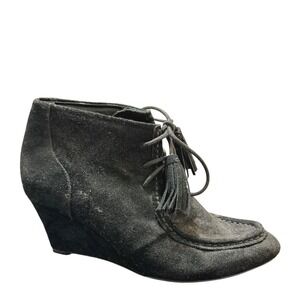 Rebecca Minkoff Mia‎ Black Suede Wedge Tassel Lace Up Ankle Boots 7.5M Boho Fall